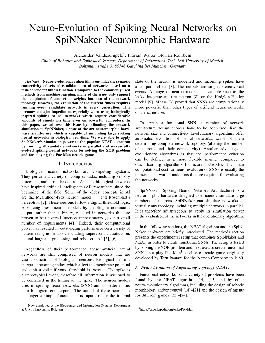 Neuro-Evolution of Spiking Neural Networks on Spinnaker Neuromorphic Hardware