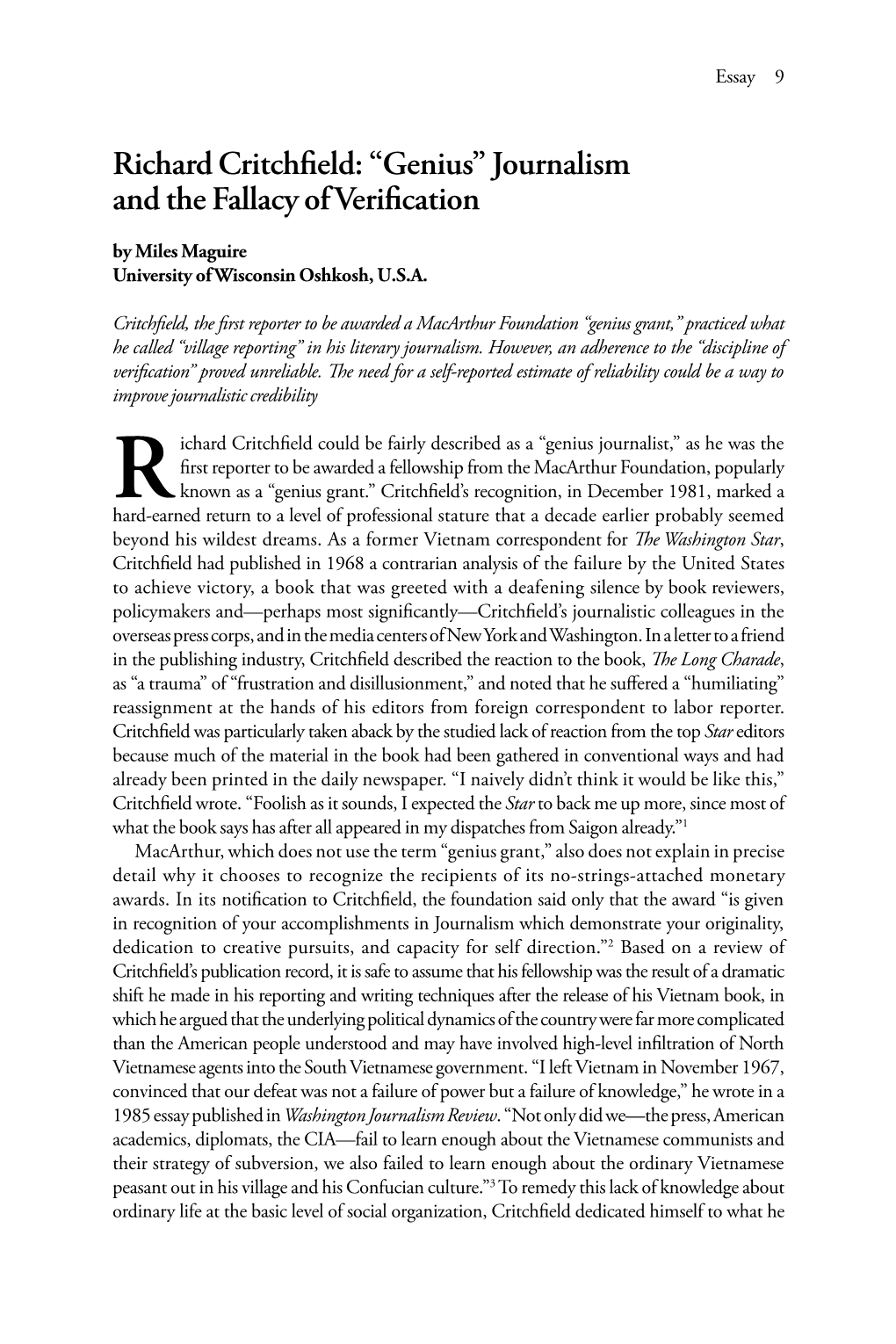 Richard Critchfield: “Genius” Journalism and the Fallacy of Verification by Miles Maguire University of Wisconsin Oshkosh, U.S.A