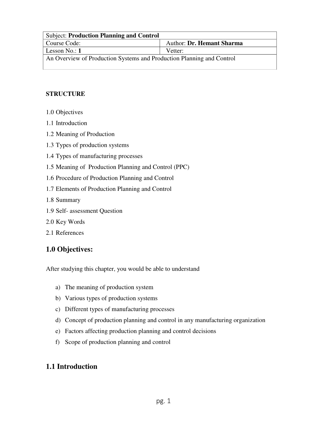 Production Planning and Control Course Code: Author: Dr