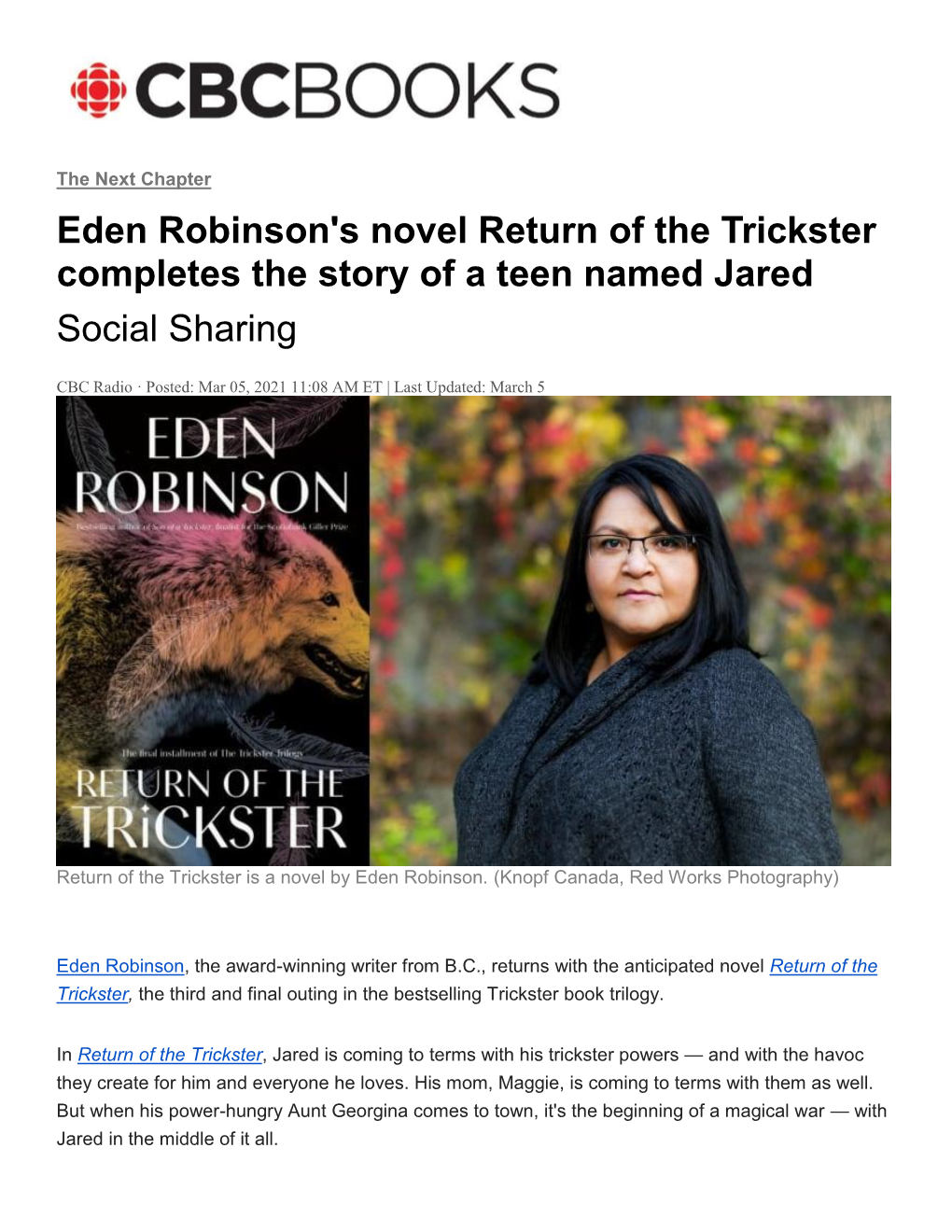 Eden Robinson's Novel Return of the Trickster Completes the Story of a Teen Named Jared Social Sharing