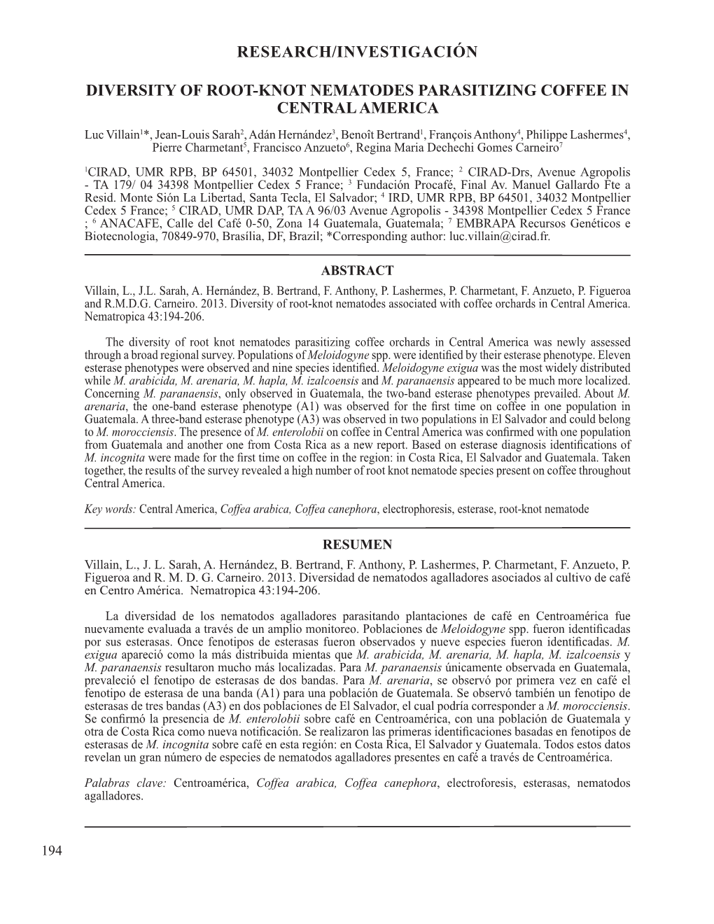 Research/Investigación Diversity of Root-Knot Nematodes Parasitizing Coffee