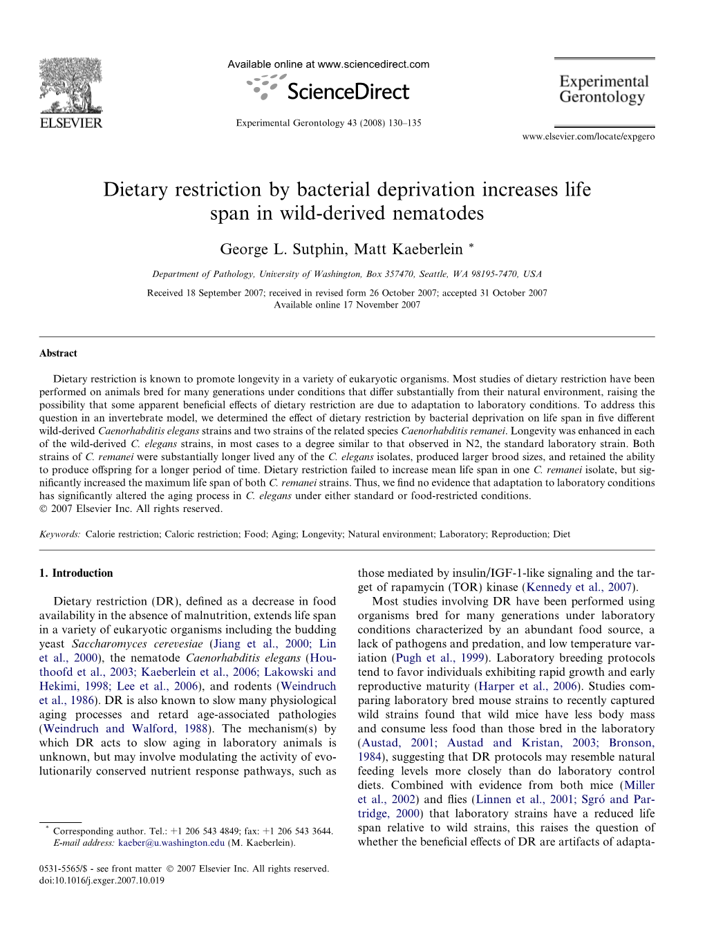 Dietary Restriction by Bacterial Deprivation Increases Life Span in Wild-Derived Nematodes