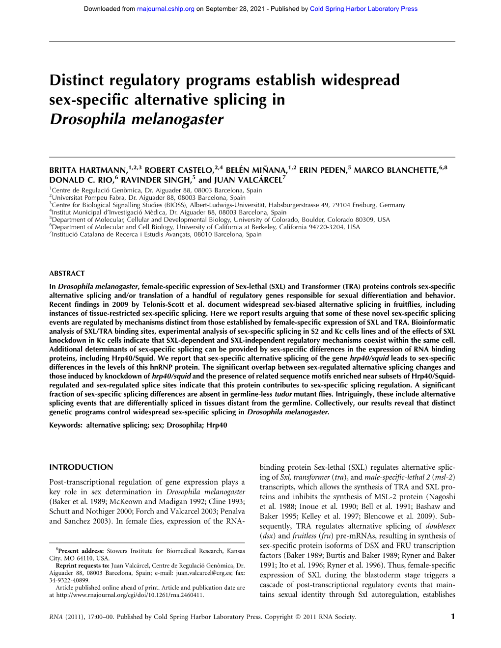 Distinct Regulatory Programs Establish Widespread Sex-Specific Alternative Splicing in Drosophila Melanogaster