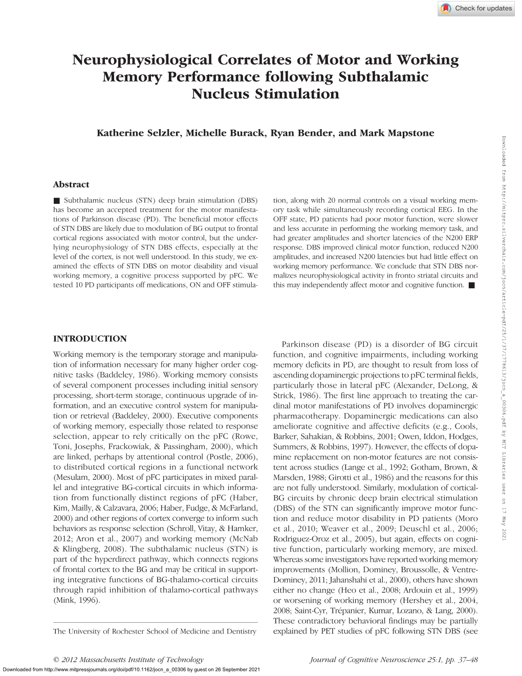Neurophysiological Correlates of Motor and Working Memory Performance Following Subthalamic Nucleus Stimulation
