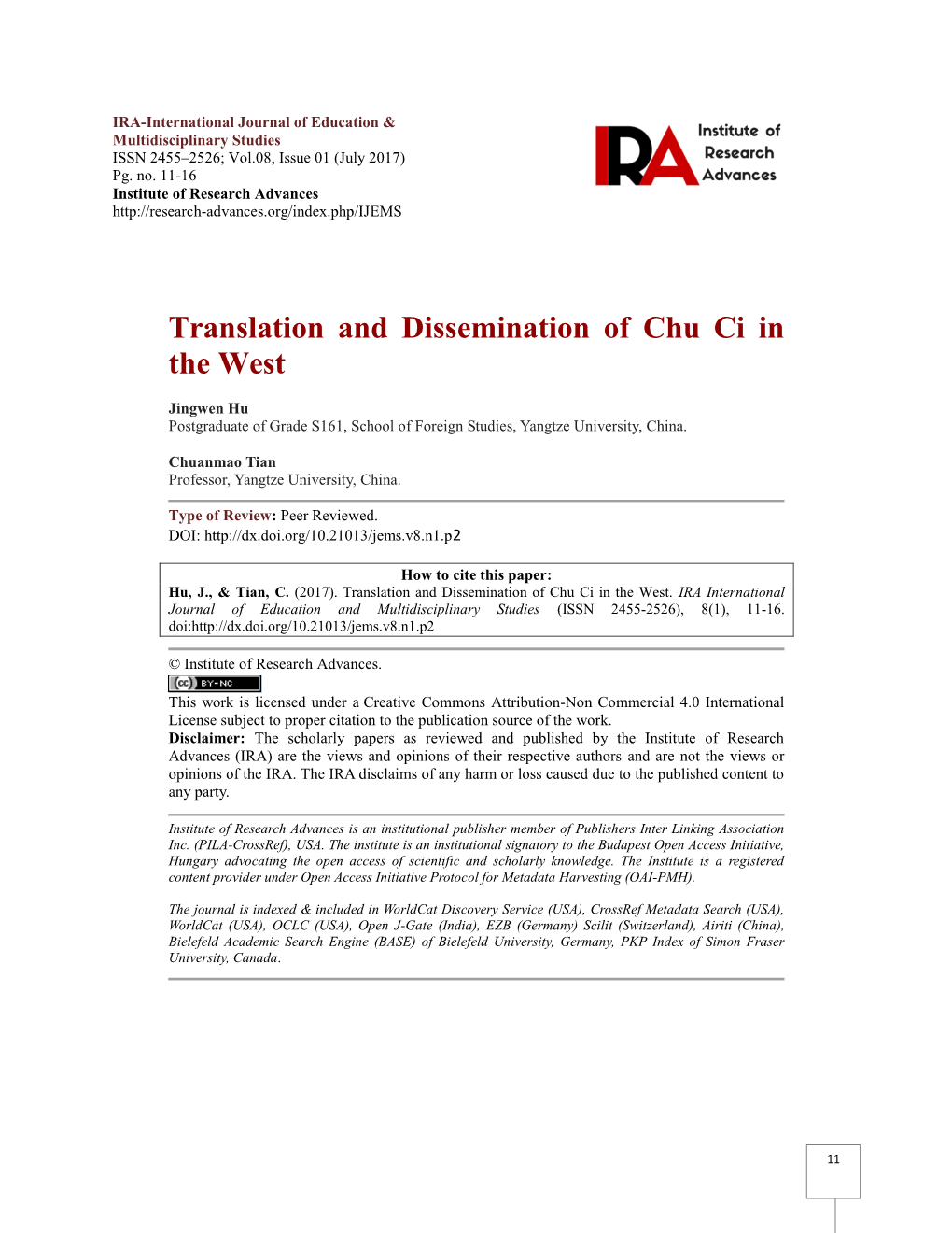 Translation and Dissemination of Chu Ci in the West