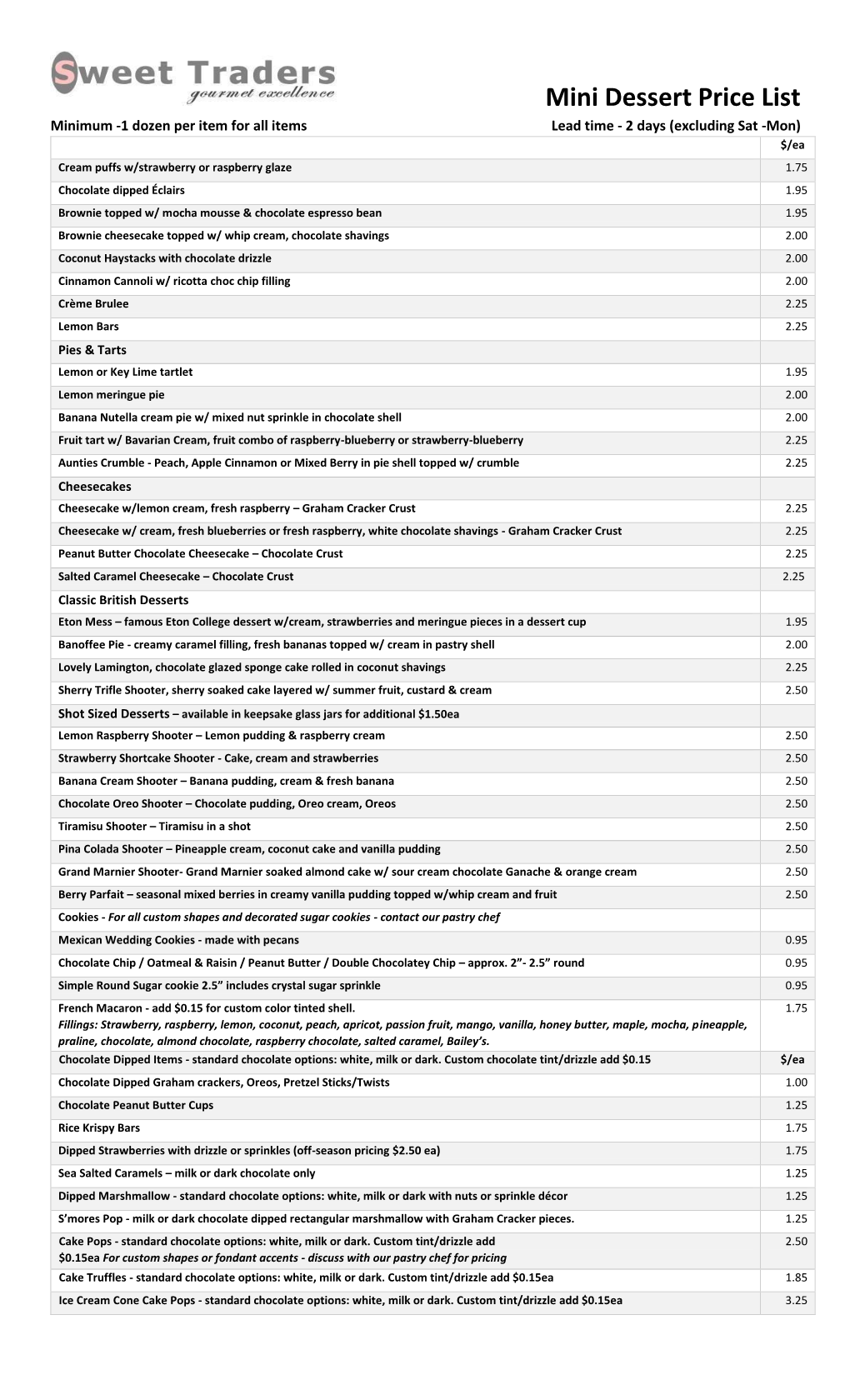 Mini Dessert Price List