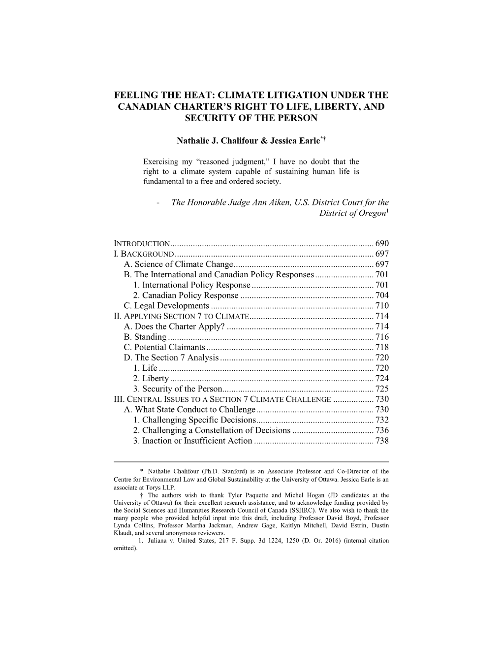 Feeling the Heat: Climate Litigation Under the Canadian Charter’S Right to Life, Liberty, and Security of the Person