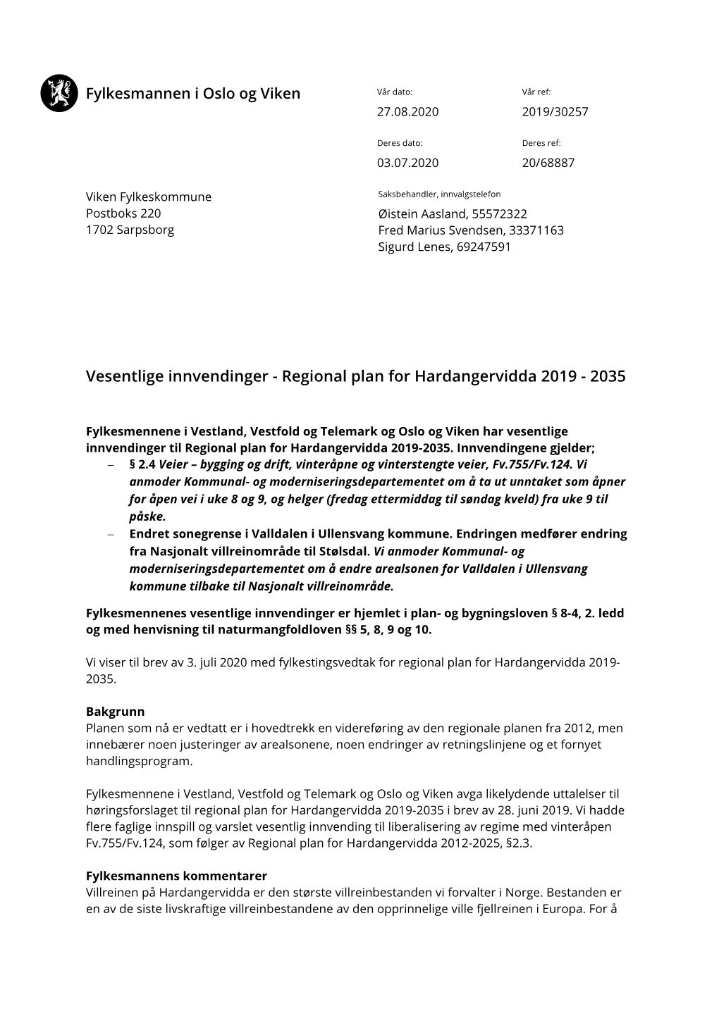 Vesentlige Innvendinger - Regional Plan for Hardangervidda 2019 - 2035