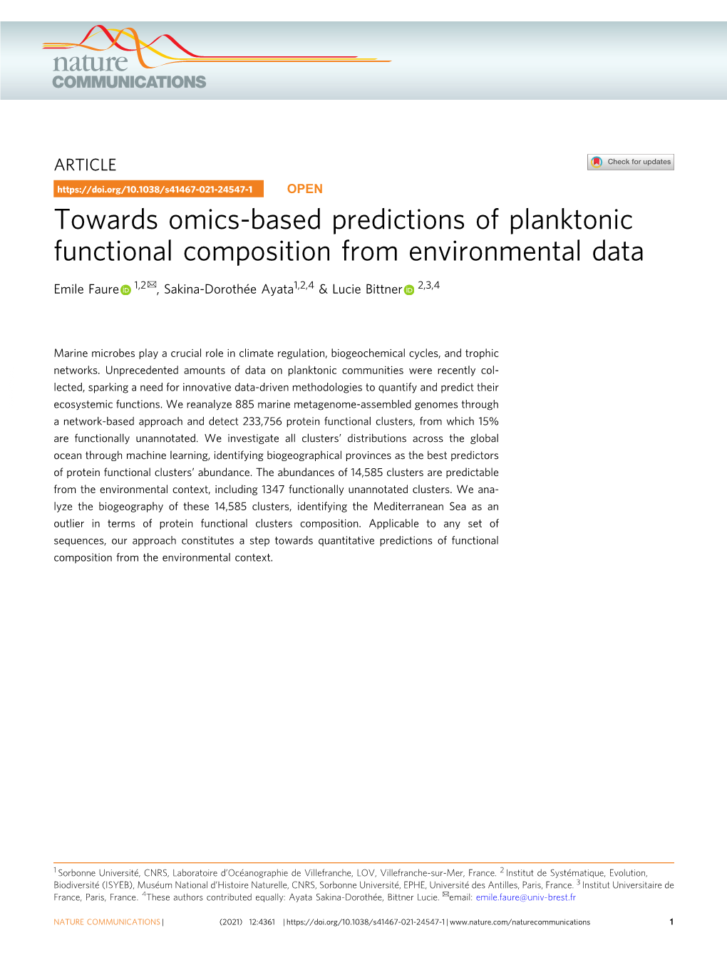 Towards Omics-Based Predictions of Planktonic Functional Composition from Environmental Data ✉ Emile Faure 1,2 , Sakina-Dorothée Ayata1,2,4 & Lucie Bittner 2,3,4