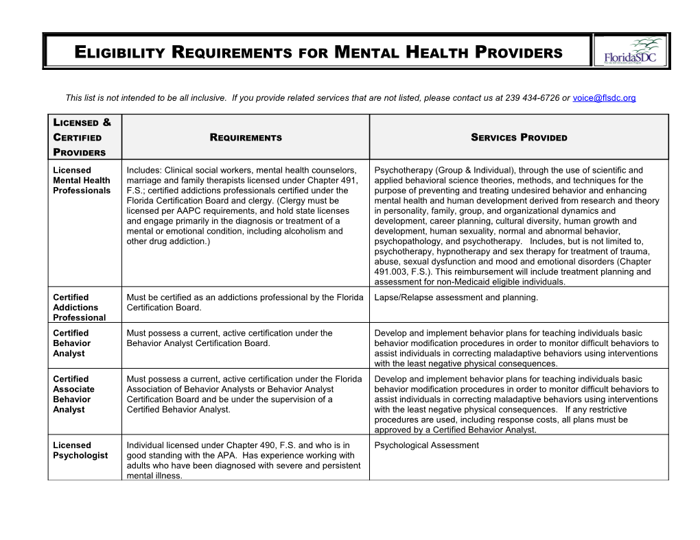 Eligibility Requirements for Licensed & Certified Providers