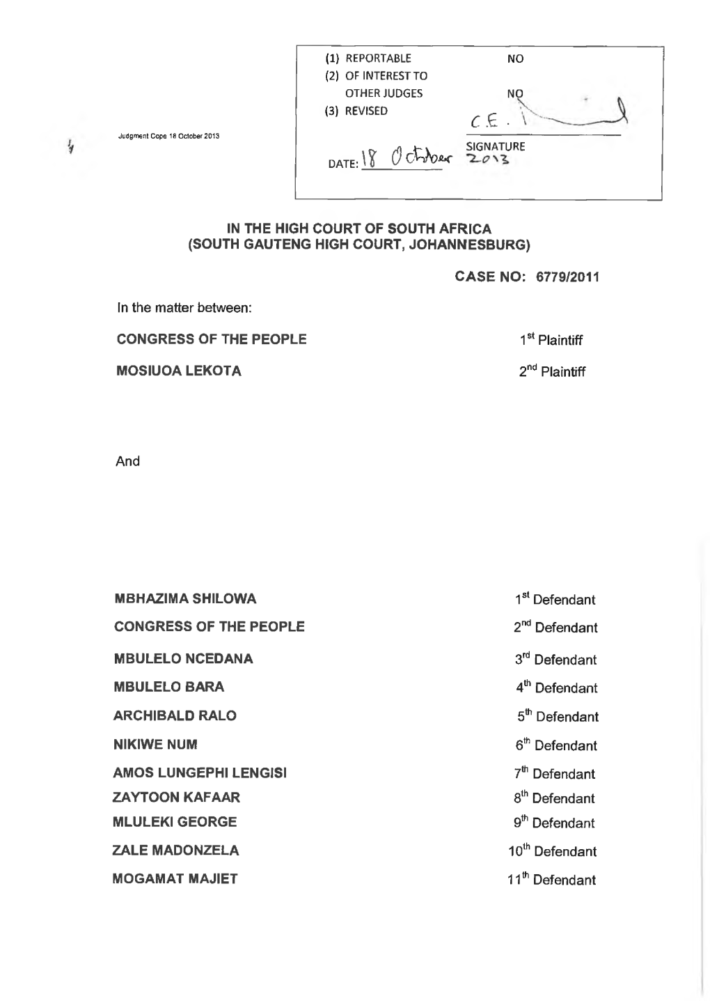 C.£ • Judgment Cope 18 October 2013 SIGNATURE DATE:'? Tfc Fc W