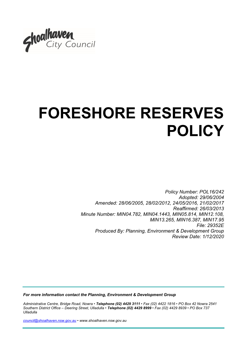 Foreshore Reserves Policy