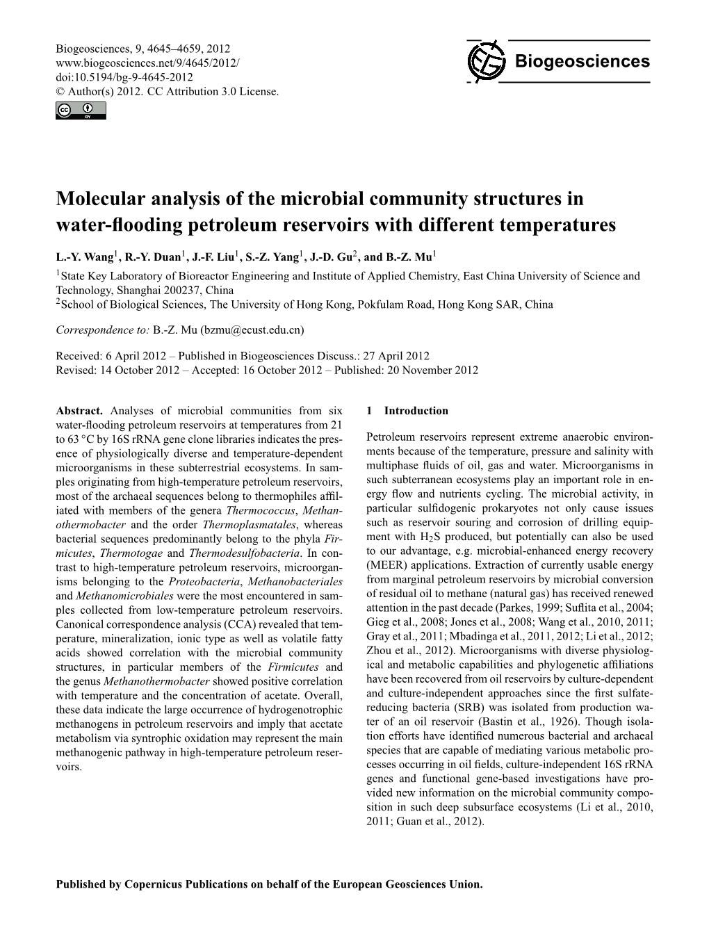 Molecular Analysis of the Microbial Community Structures in Water-ﬂooding Petroleum Reservoirs with Different Temperatures