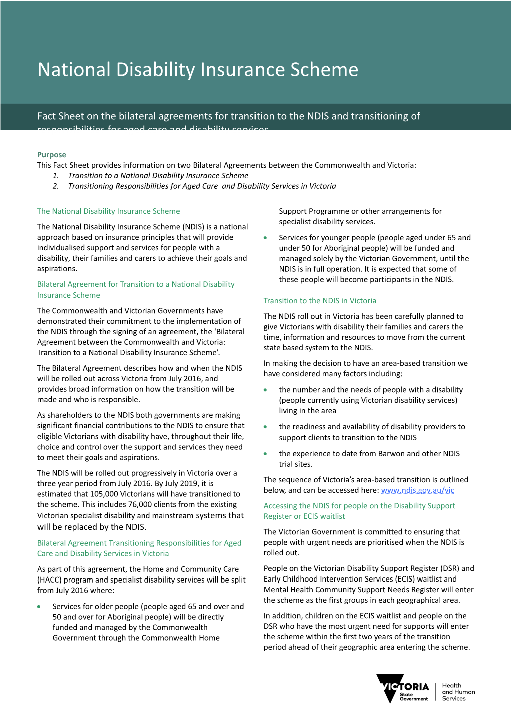 National Disability Insurance Scheme - Fact Sheet on the Bilateral Agreements for Transition