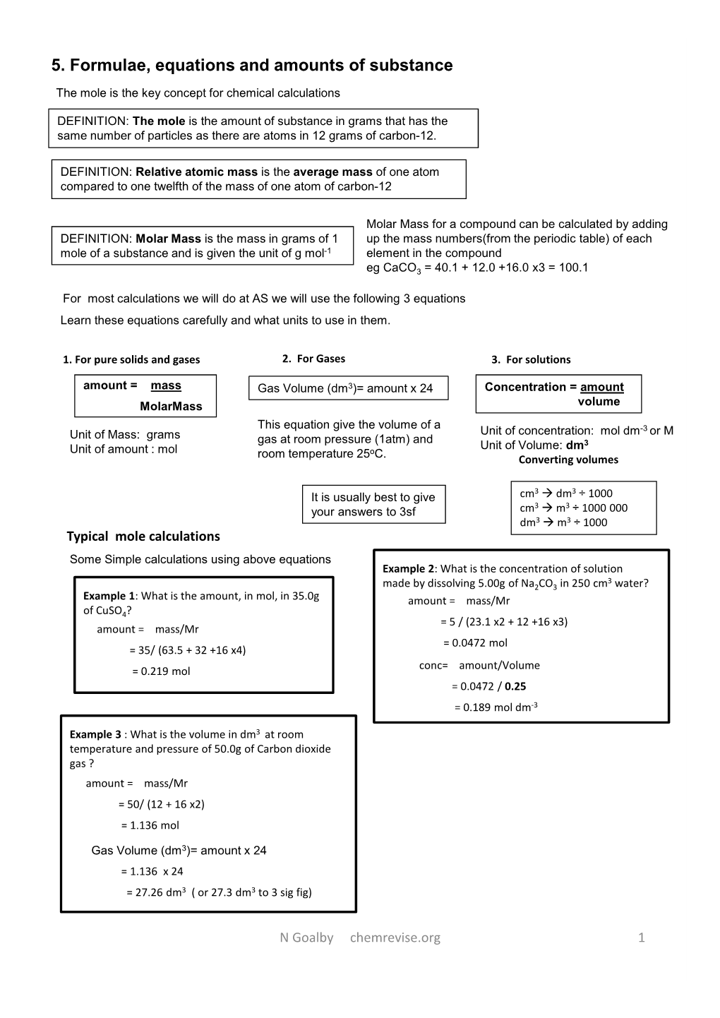 5. Formulae, Equations and Amounts of Substance the Mole Is the Key Concept for Chemical Calculations