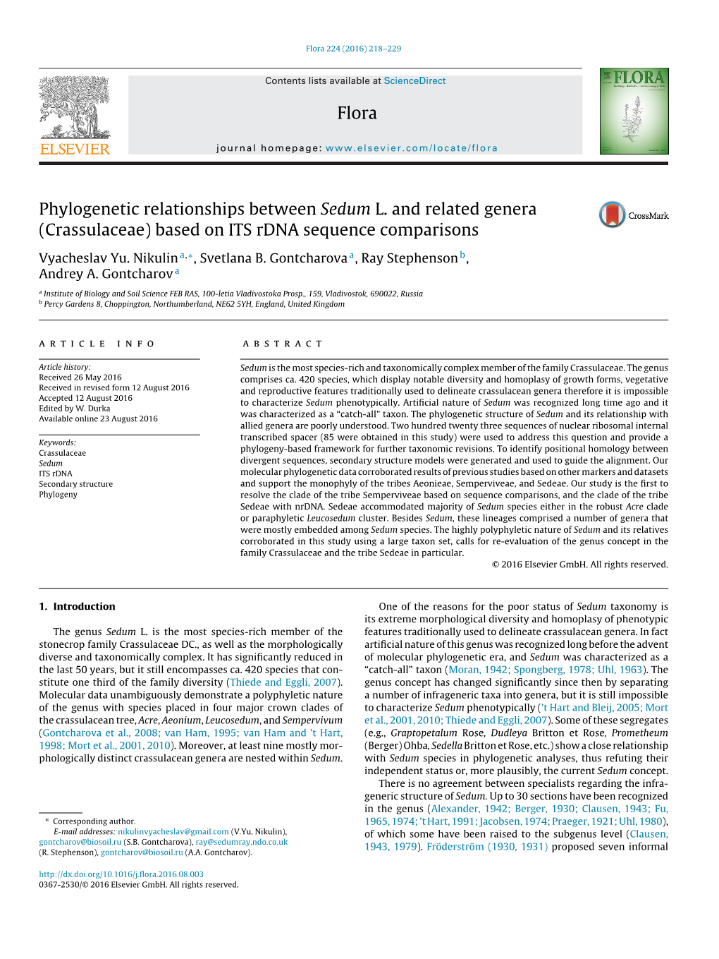 Phylogenetic Relationships Between Sedum L. and Related Genera (Crassulaceae) Based on ITS Rdna Sequence Comparisons