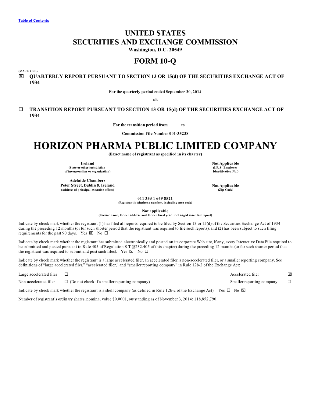 HORIZON PHARMA PUBLIC LIMITED COMPANY (Exact Name of Registrant As Specified in Its Charter)