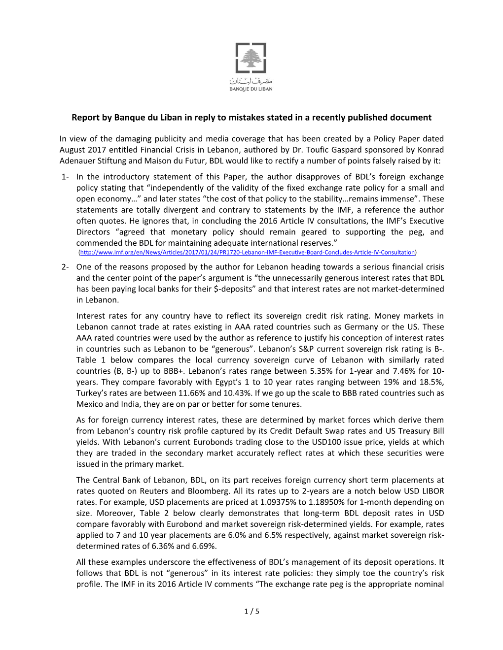 Report by Banque Du Liban in Reply to Mistakes Stated in a Recently Published Document