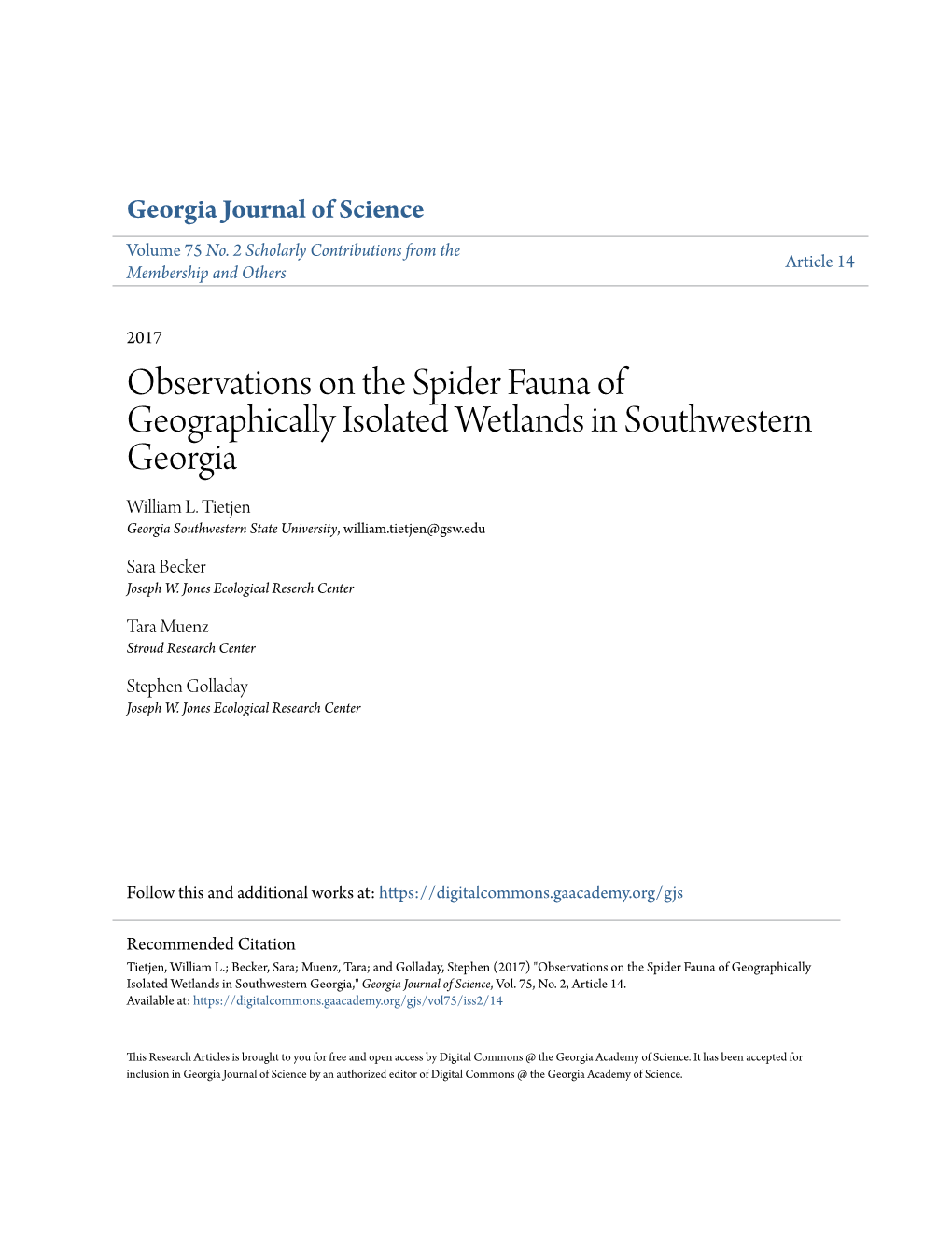 Observations on the Spider Fauna of Geographically Isolated Wetlands in Southwestern Georgia William L