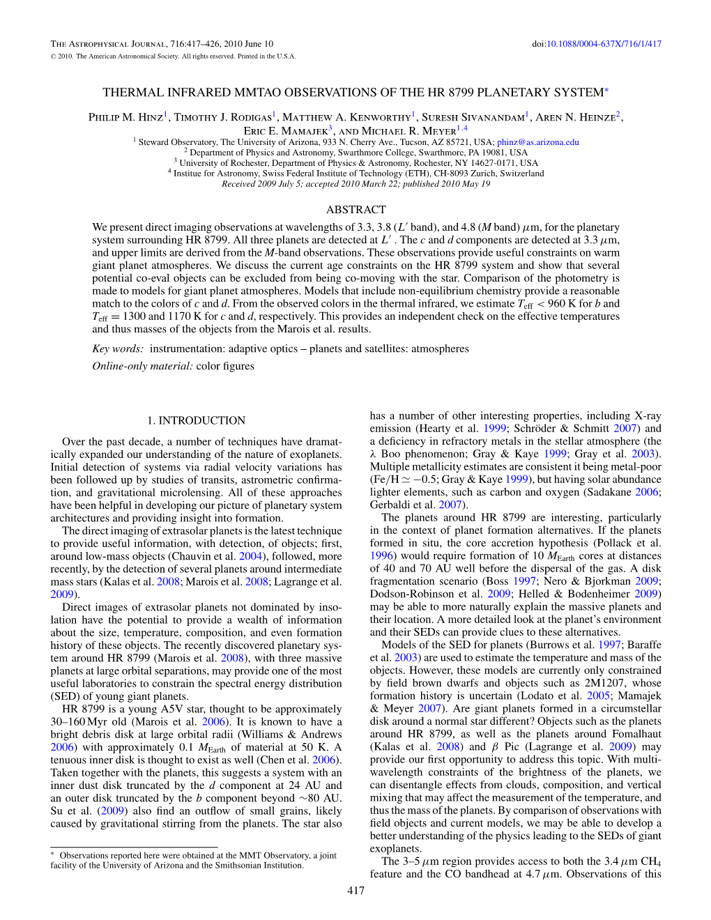 Thermal Infrared Mmtao Observations of the Hr 8799 Planetary System∗