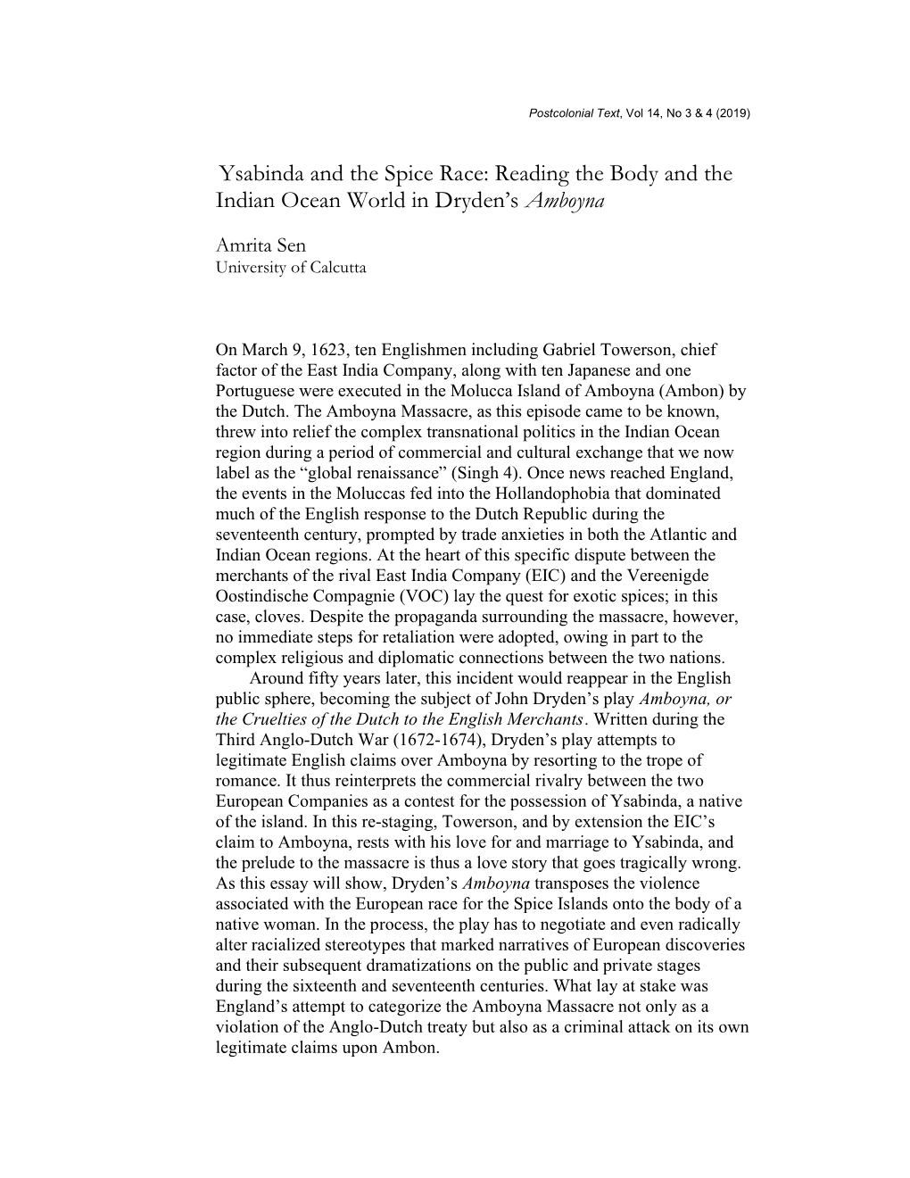 Ysabinda and the Spice Race: Reading the Body and the Indian Ocean World in Dryden’S Amboyna