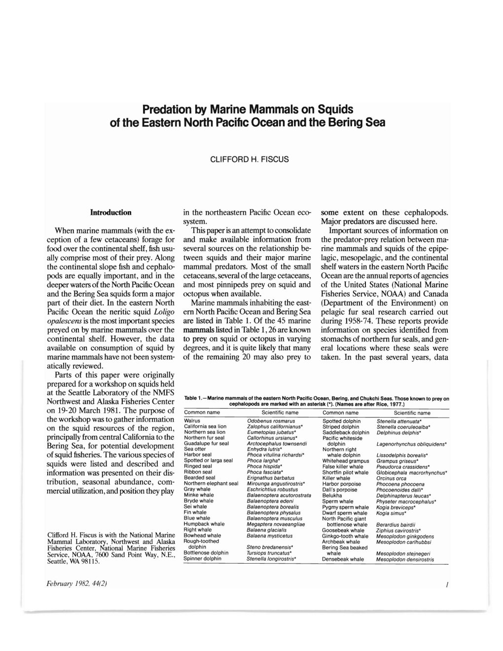 Predation by Marine Mammals on Squids of the Eastern North Pacific Ocean and the Bering Sea