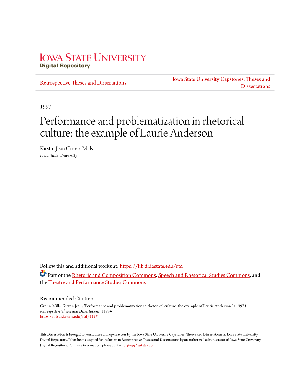 Performance and Problematization in Rhetorical Culture: the Example of Laurie Anderson Kirstin Jean Cronn-Mills Iowa State University