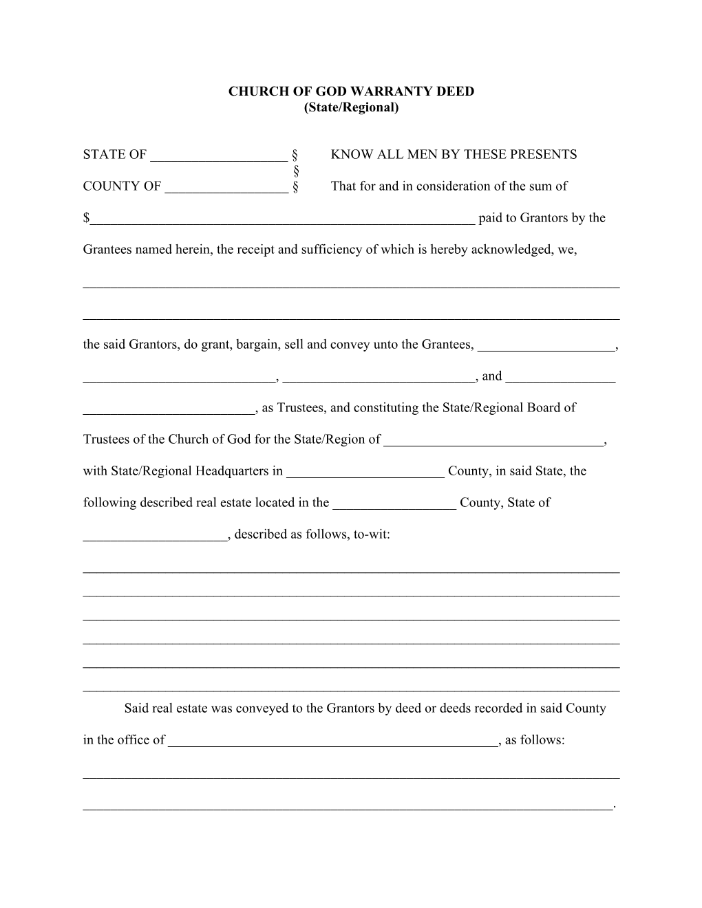 CHURCH of GOD WARRANTY DEED (State/Regional) STATE