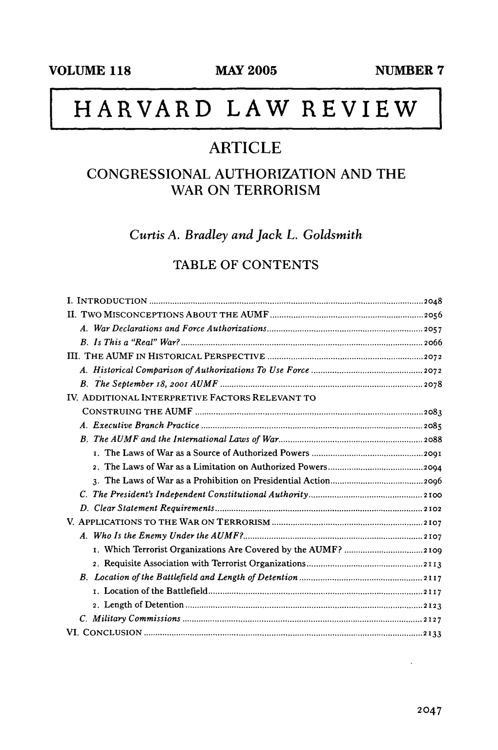 Congressional Authorization and the War on Terrorism