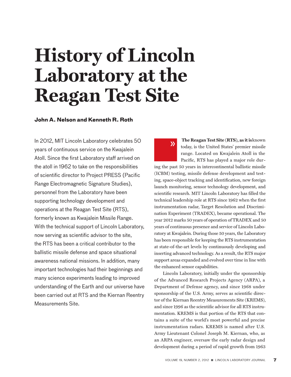 History of Lincoln Laboratory at the Reagan Test Site