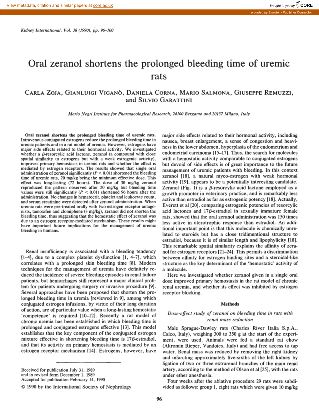 Oral Zeranol Shortens the Prolonged Bleeding Time of Uremic Rats