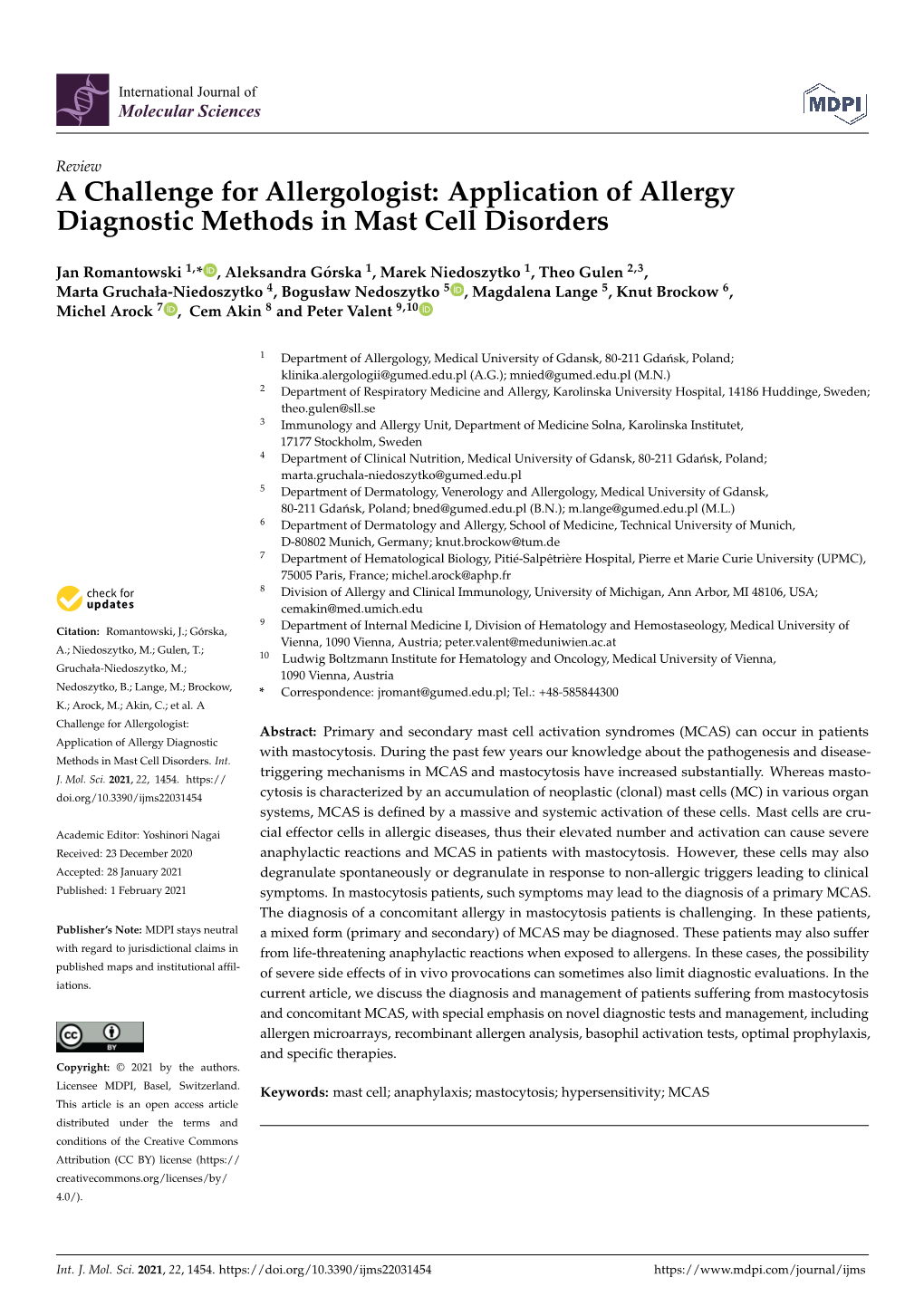 Application of Allergy Diagnostic Methods in Mast Cell Disorders