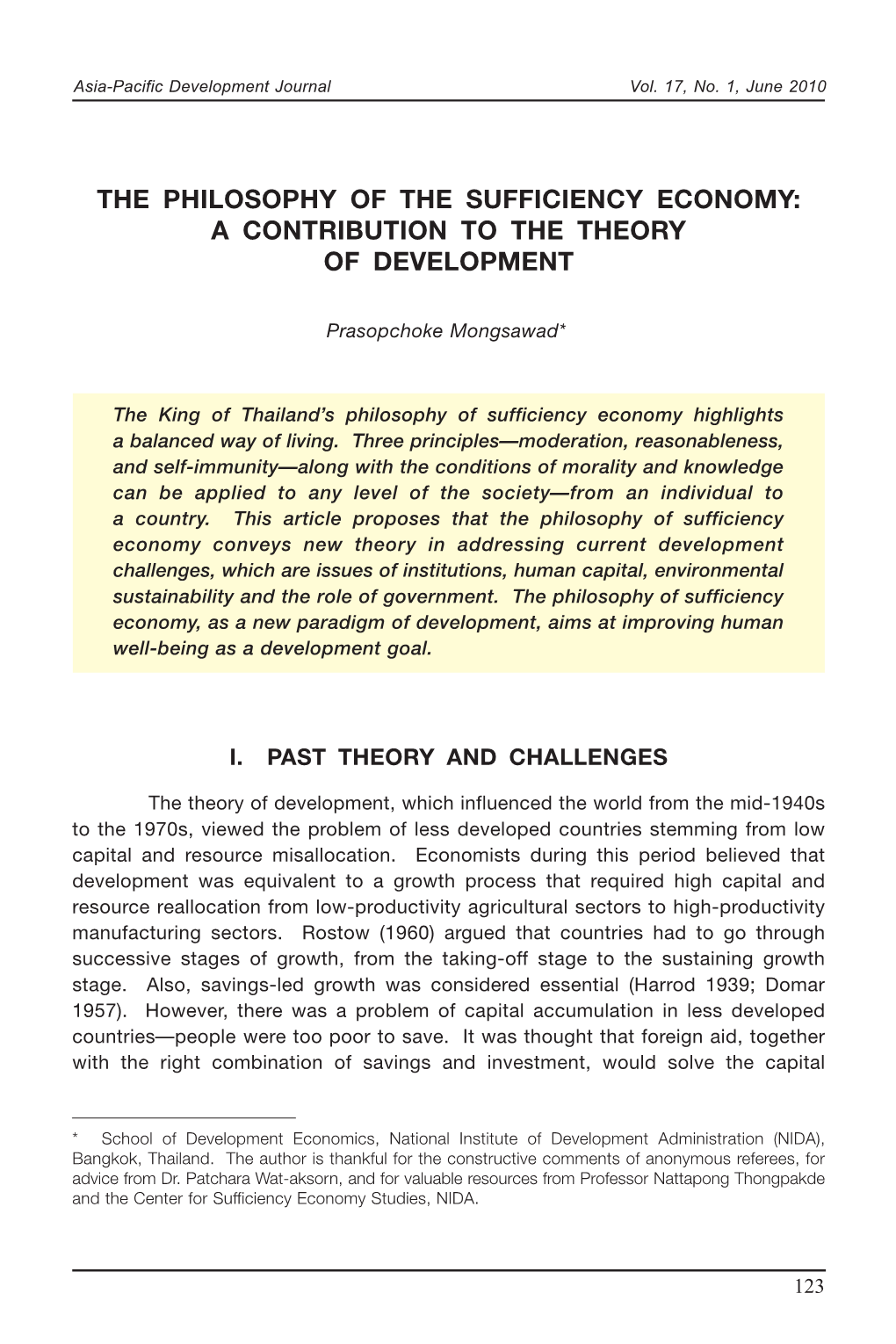 Sufficiency Economy: a Contribution to the Theory of Development