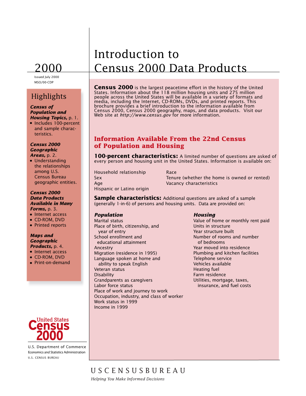 Introduction to Census 2000 Data Products 2000