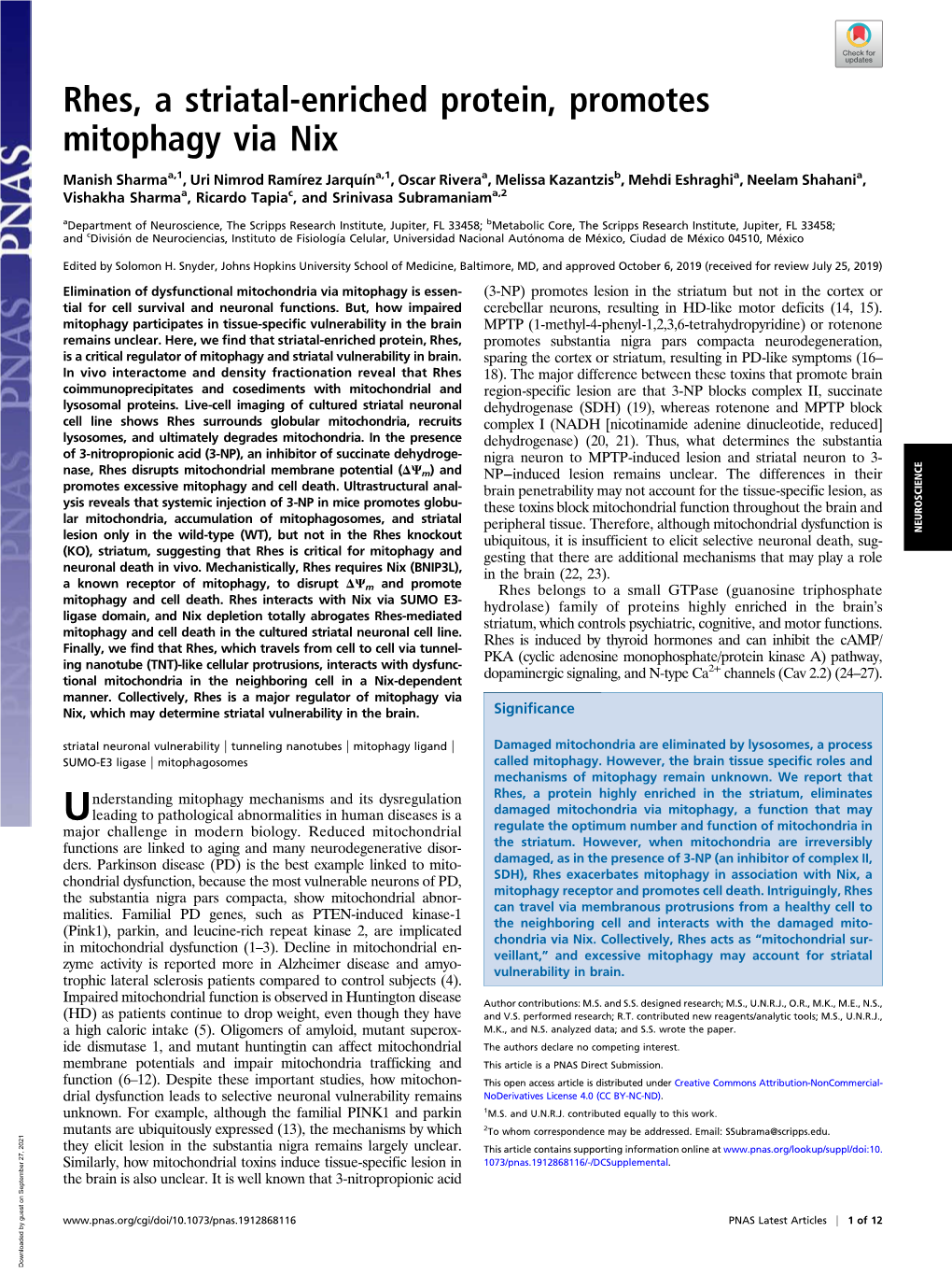 Rhes, a Striatal-Enriched Protein, Promotes Mitophagy Via Nix