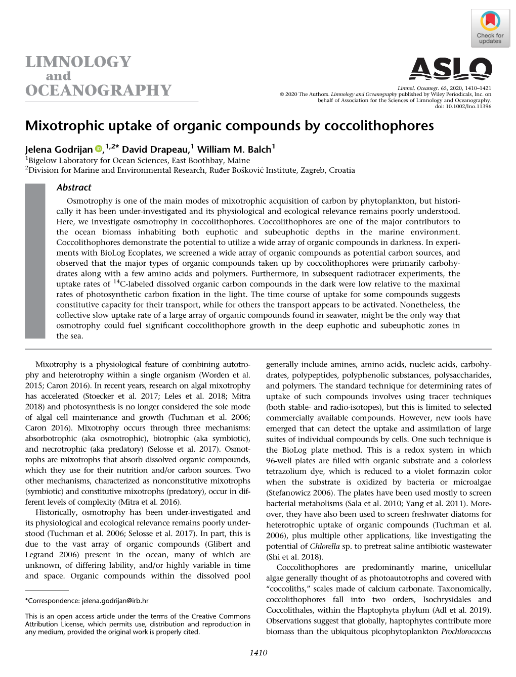Mixotrophic Uptake of Organic Compounds by Coccolithophores