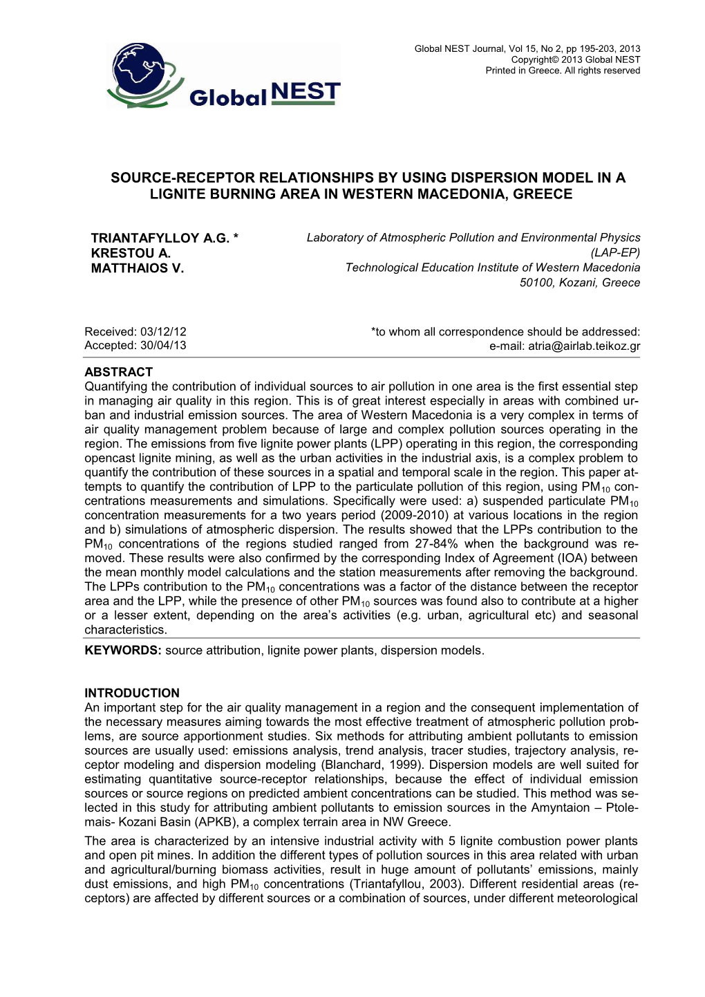 Source-Receptor Relationships by Using Dispersion Model in a Lignite Burning Area in Western Macedonia, Greece