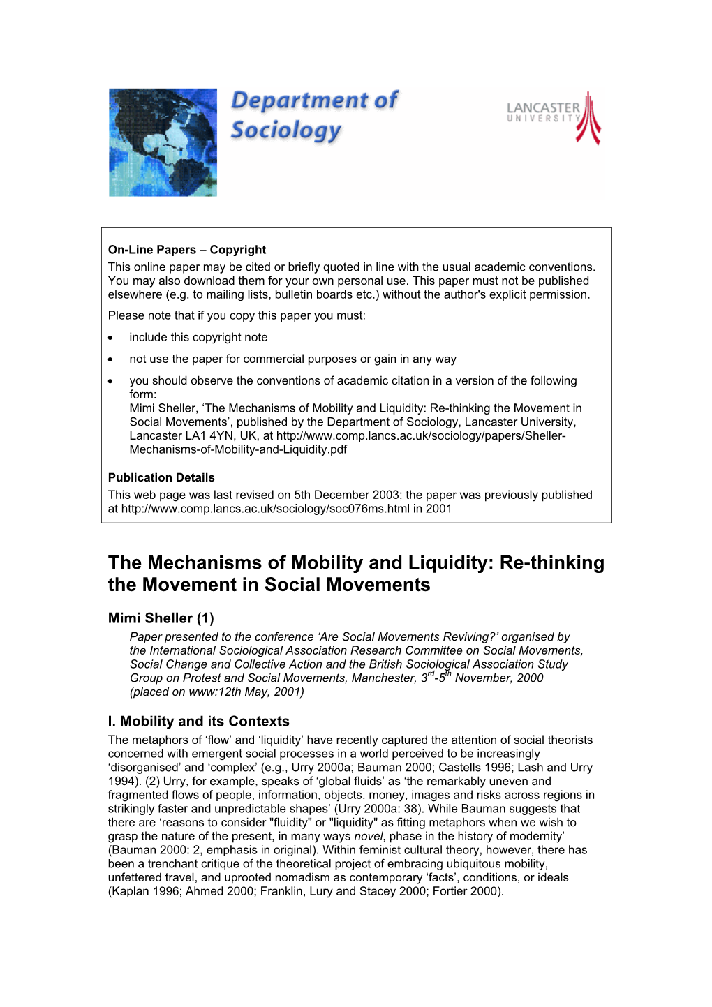 The Mechanisms of Mobility and Liquidity: Re-Thinking the Movement