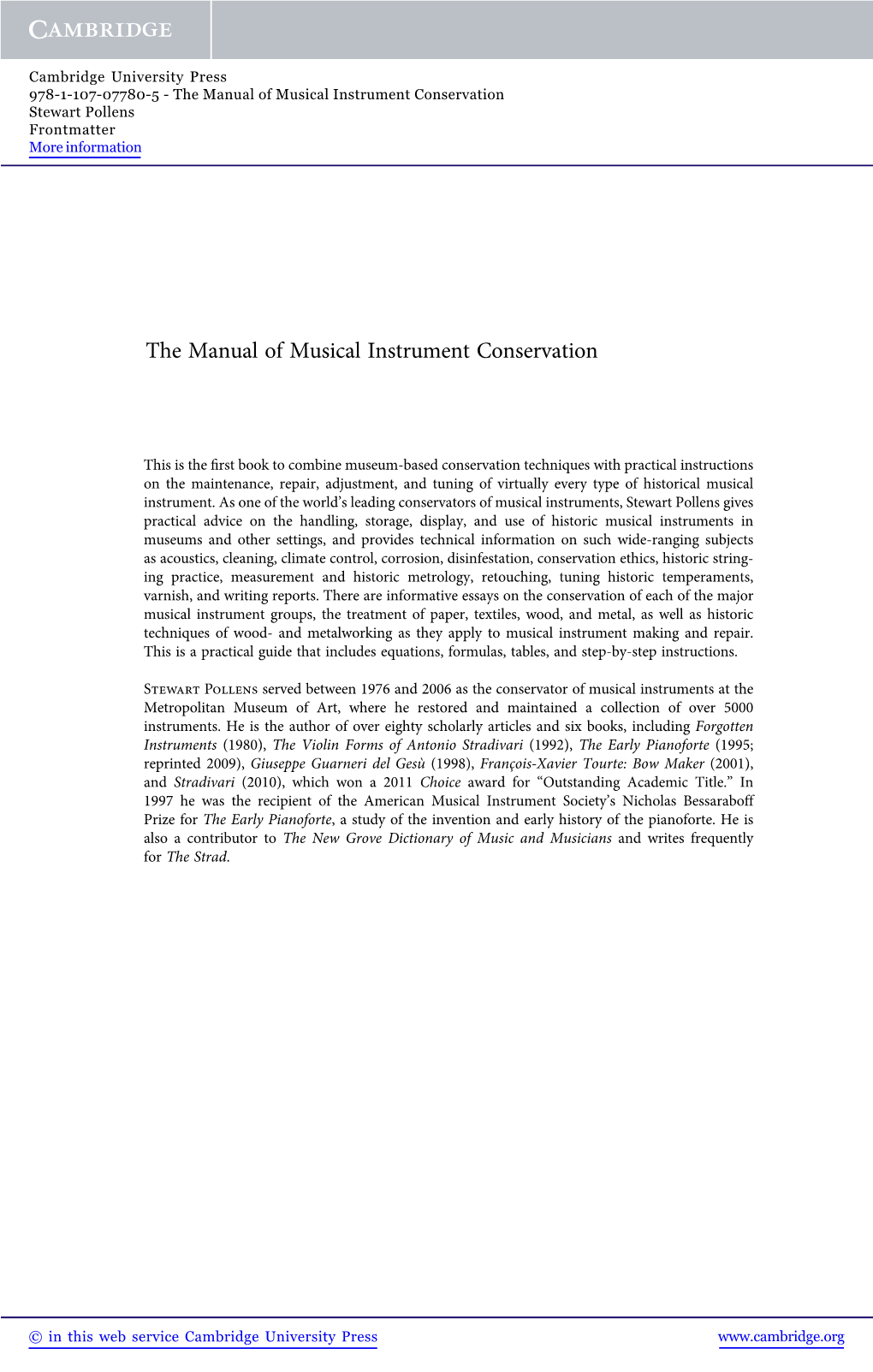 The Manual of Musical Instrument Conservation Stewart Pollens Frontmatter More Information