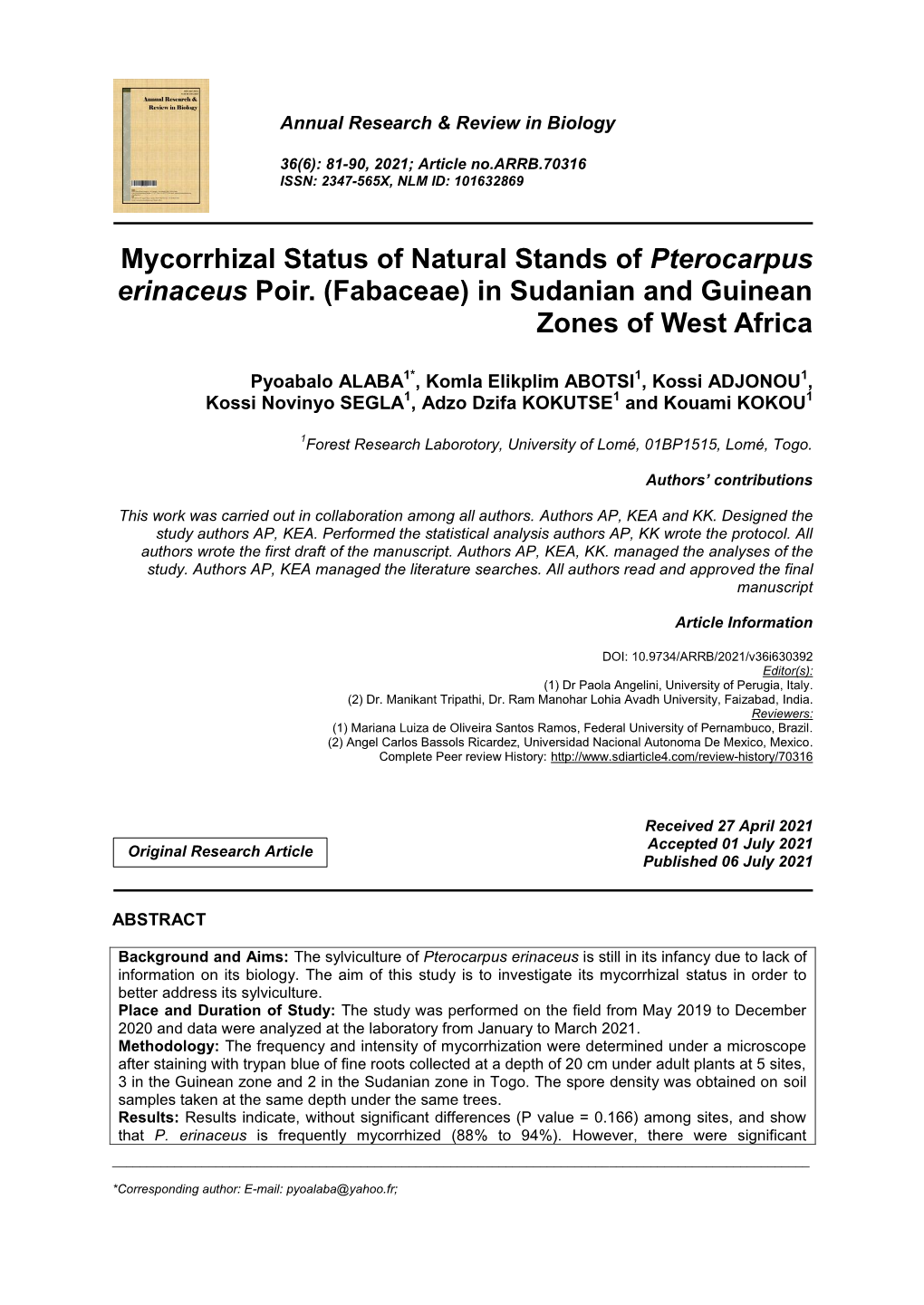 Mycorrhizal Status of Natural Stands of Pterocarpus Erinaceus Poir. (Fabaceae) in Sudanian and Guinean Zones of West Africa