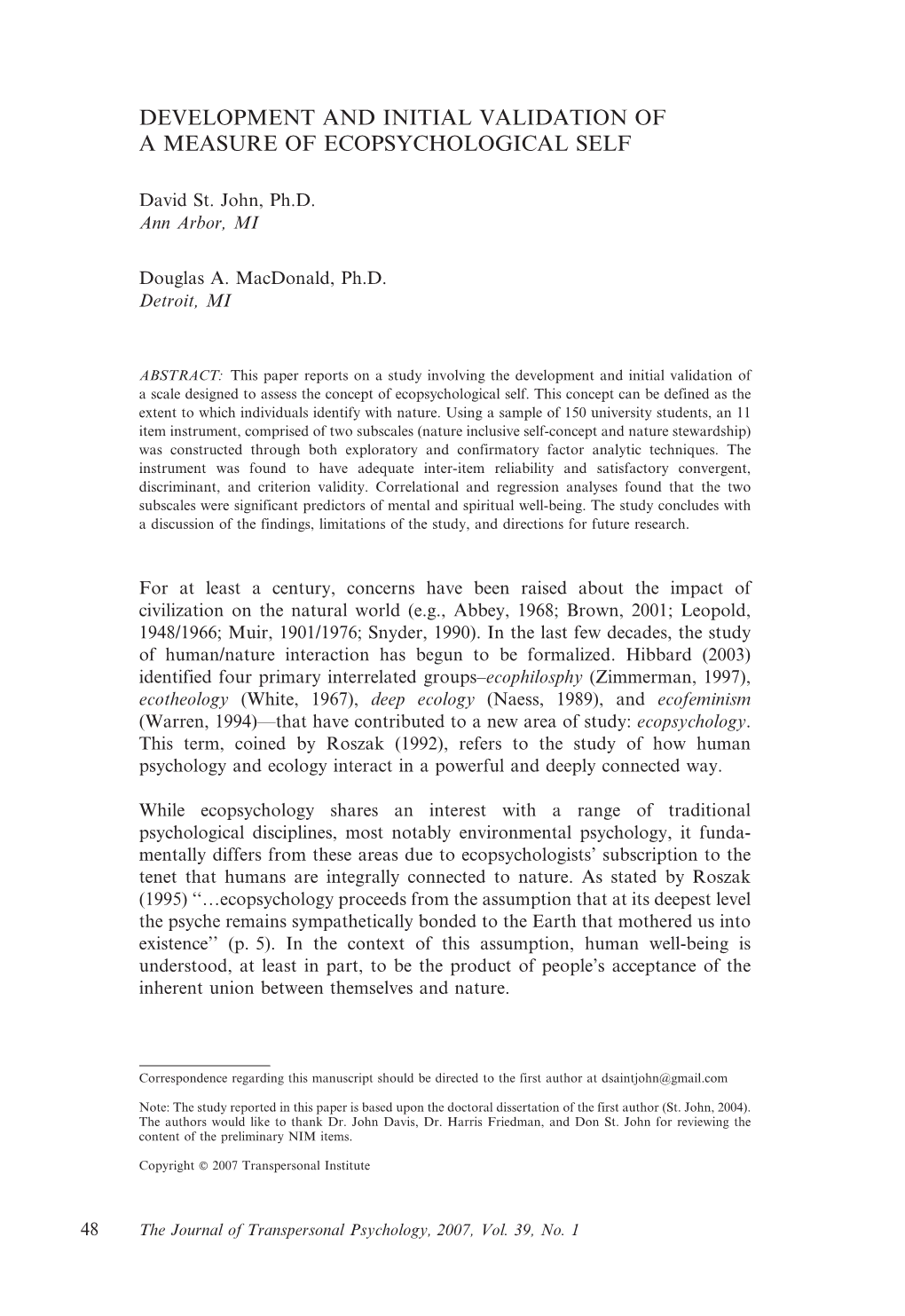 Development and Initial Validation of a Measure of Ecopsychological Self