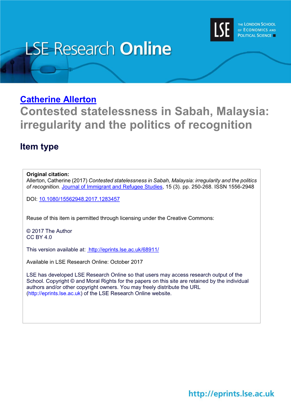 Contested Statelessness in Sabah, Malaysia: Irregularity and the Politics of Recognition