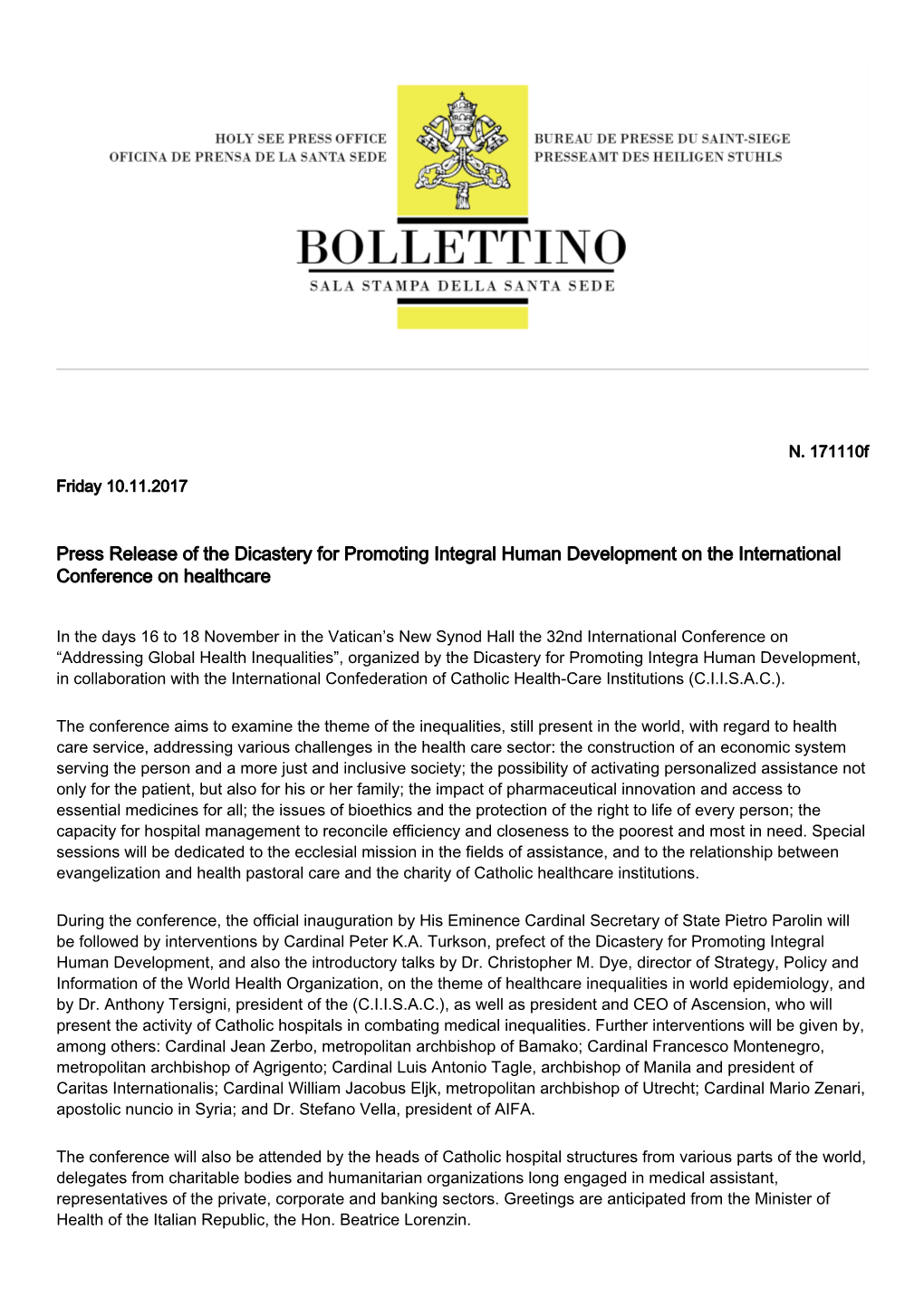 Press Release of the Dicastery for Promoting Integral Human Development on the International Conference on Healthcare