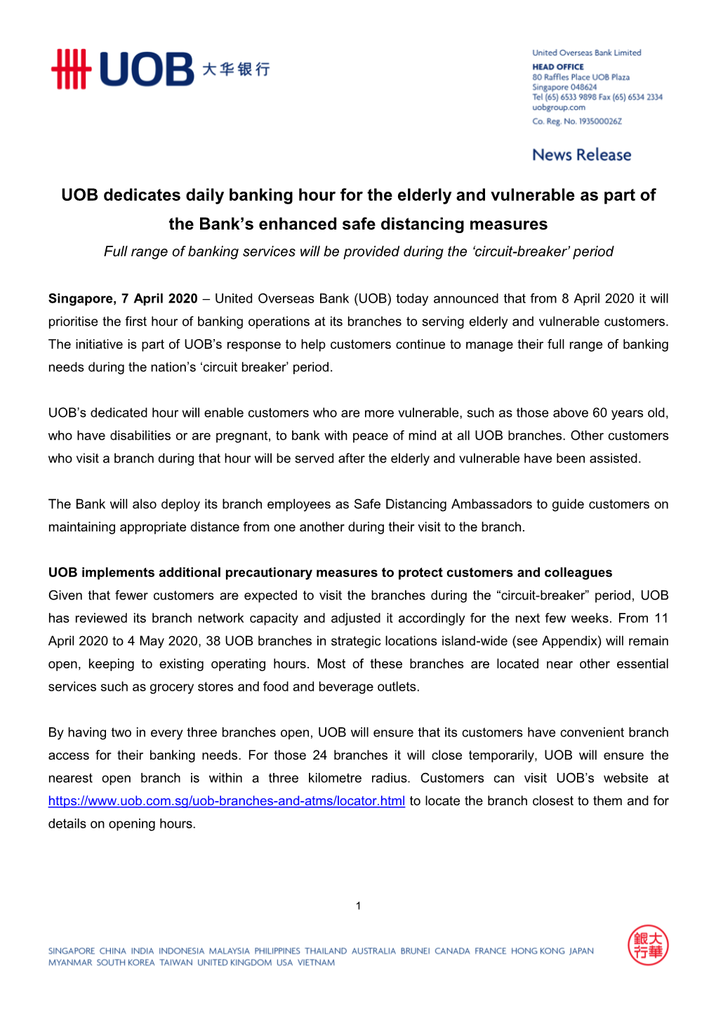 UOB Dedicates Daily Banking Hour for the Elderly and Vulnerable As Part Of