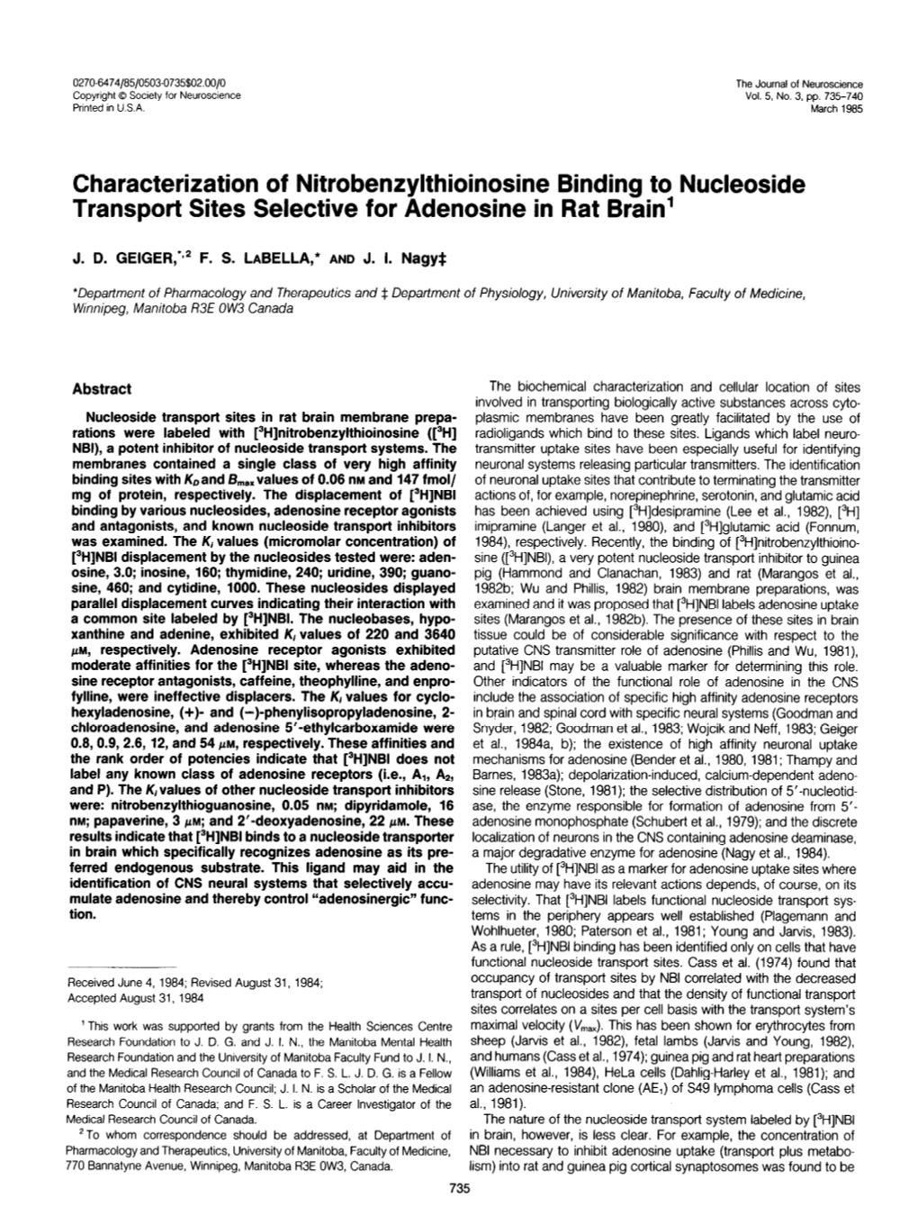 Characterization of Nitrobenzylthioinosine Binding to Nucleoside Transport Sites Selective for Adenosine in Rat Brain’