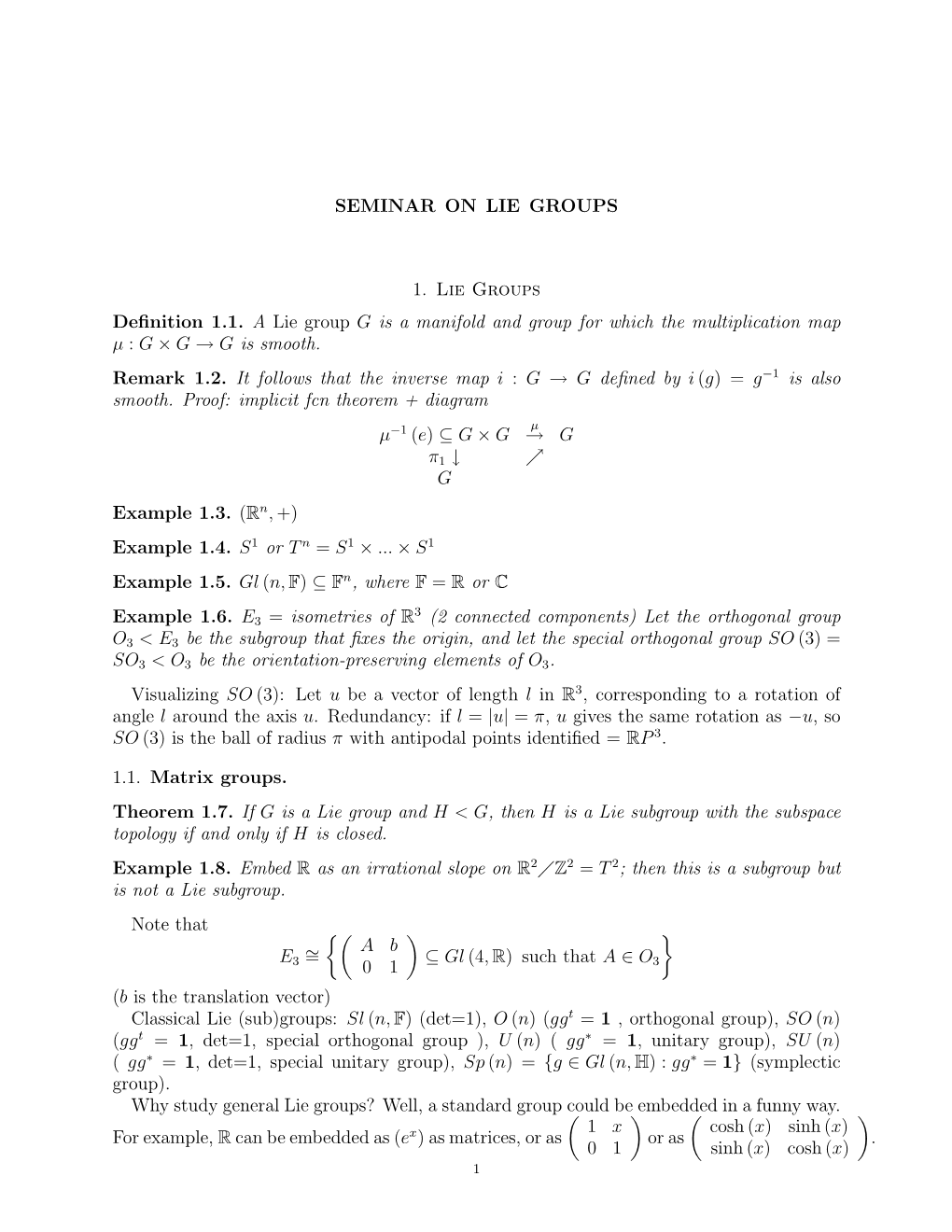 SEMINAR on LIE GROUPS 1. Lie Groups