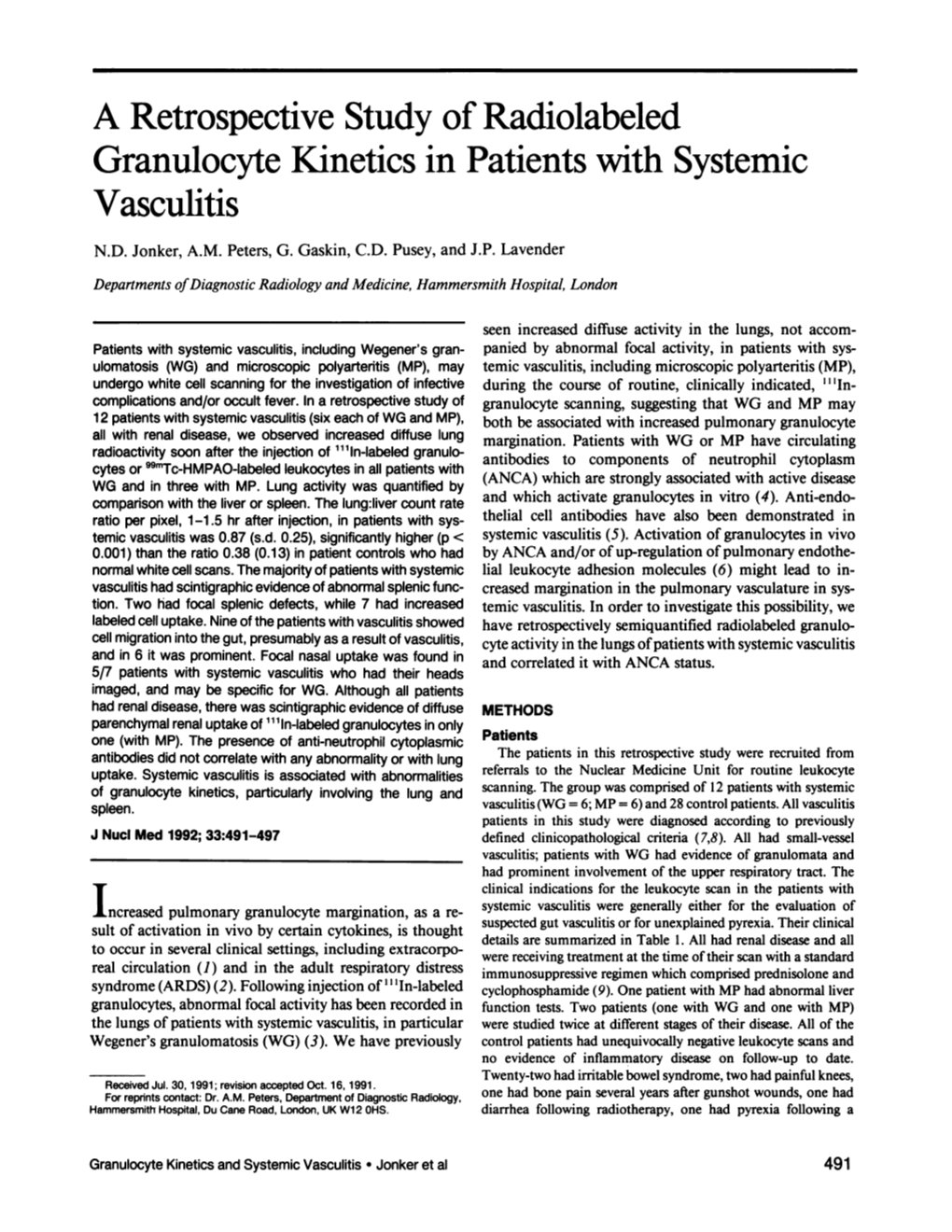 A Retrospective Study of Radiolabeled Granulocyte Kinetics in Patients with Systemic Vasculitis