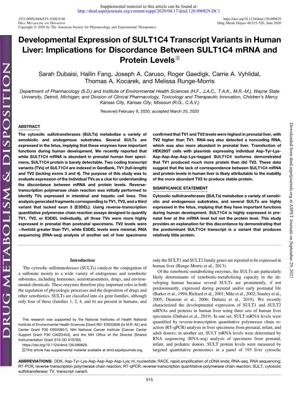 Implications for Discordance Between SULT1C4 Mrna and Protein Levels S