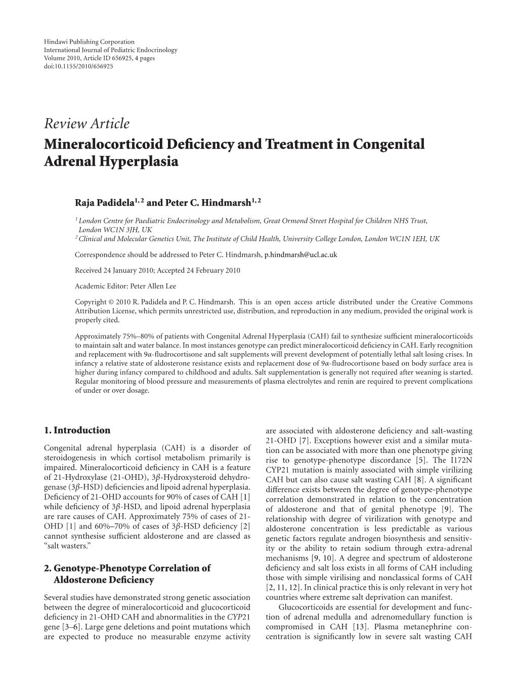 Review Article Mineralocorticoid Deficiency and Treatment In