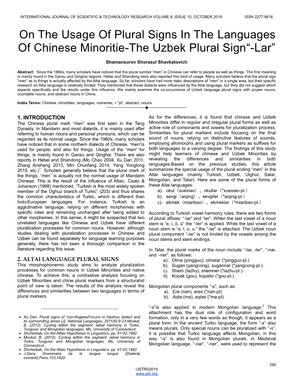 On the Usage of Plural Signs in the Languages of Chinese Minoritie-The Uzbek Plural Sign―-Lar‖